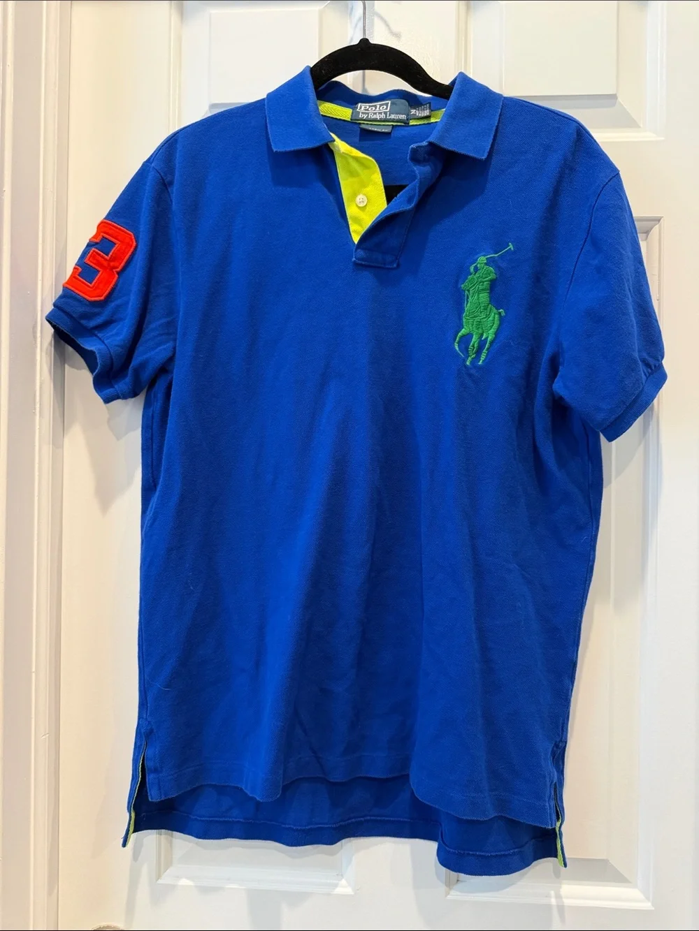 Polo Ralph Lauren Blue Polo with Green Logo and Yellow Placket size medium golf